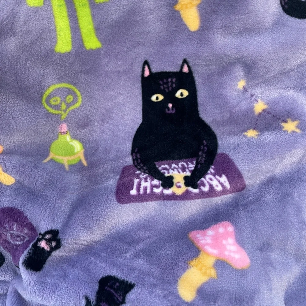 Halloween Black Cat Witch Frog Mushroom Purple Plush Blanket 60”x70 NWT